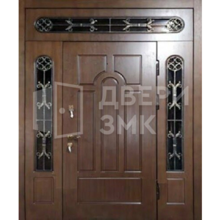 Парадная трехстворчатая дверь с окошком и ковкой элитная с утеплением ВД-14086