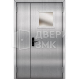 Полуторная остекленная противопожарная дверь EI-30 нержавеющая ДП-18705