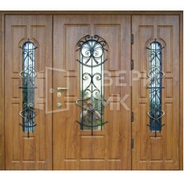 Элитная трехстворчатая входная дверь парадная с окном и ковкой ВД-14102